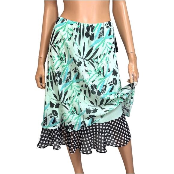 Layered Ruffle Midi Skirt L Sheer Pull-On Flowy Mint Tropical Palm Dots Ethereal - Picture 1 of 9